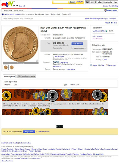 wwiitrader eBay Listing Using our 2004 Proof Krugerrand Photographs